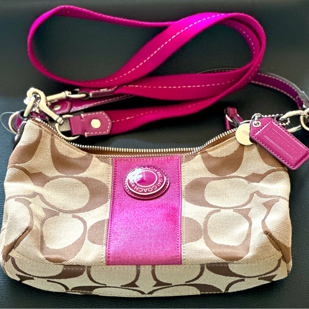 Coach Signature Stripe Demi Shoulder Bag Handbag F19218 Purse Beige Pink